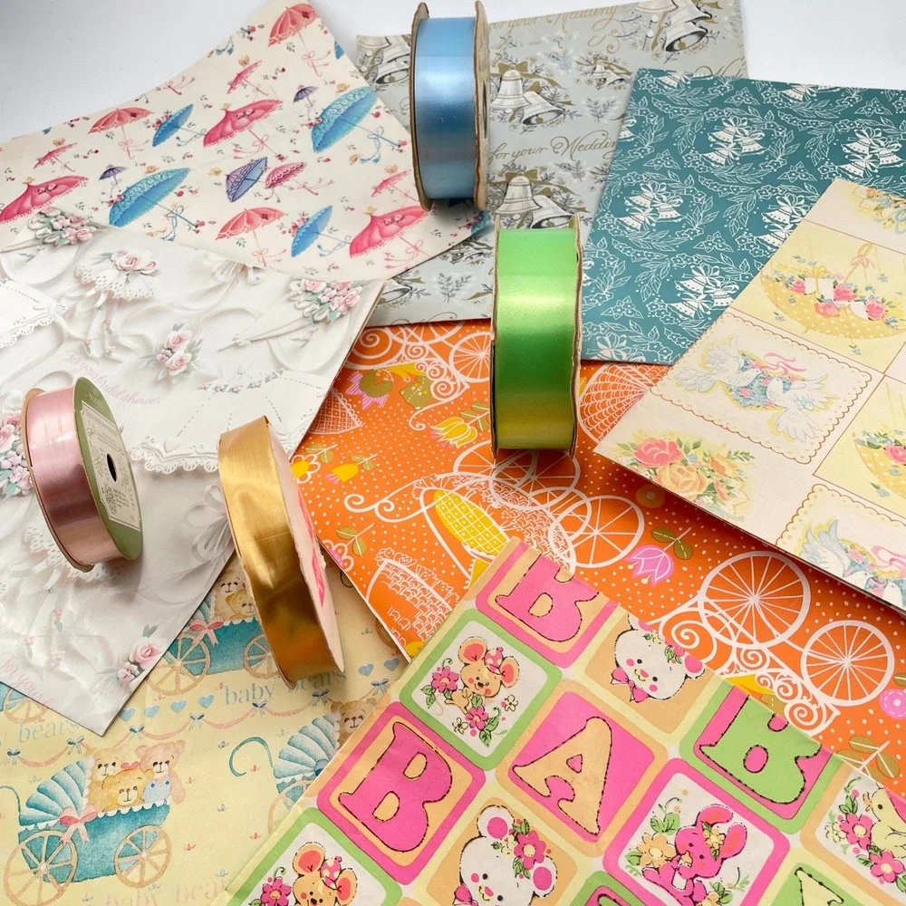 Vtg Variety Gift Wrap 4 Ribbon Lot Baby Wedding Shower Mid Century Junk Journal